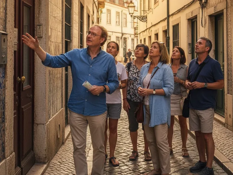 Jewish heritage guide Paulo Moreira Reis leading a small group on a private Jewish walking tour in Lisbon’s Alfama Quarter, pointing out historic Jewish sites.